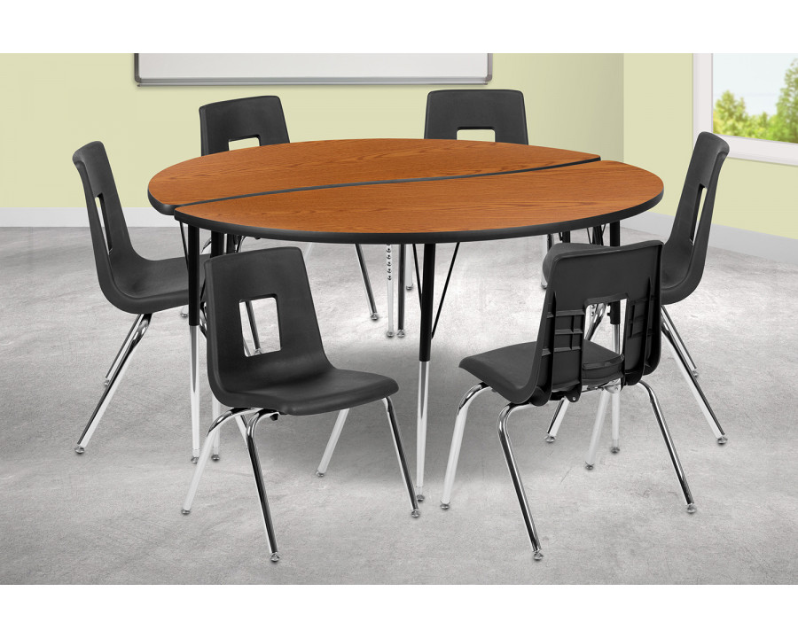 BLNK Emmy Circle Thermal Laminate Wave Flexible Activity Table Set - Oak, 60"D, with 16" Student Stack Chairs