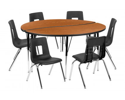 BLNK™ Emmy Circle Thermal Laminate Wave Flexible Activity Table Set - Oak, 60"D, with 16" Student Stack Chairs