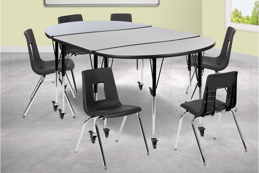 BLNK™ Emmy Mobile Oval Thermal Laminate Wave Flexible Activity Table Set - Gray, 76"L, with 18" Student Stack Chairs