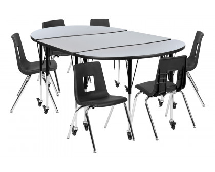 BLNK™ Emmy Mobile Oval Thermal Laminate Wave Flexible Activity Table Set - Gray, 76"L, with 18" Student Stack Chairs