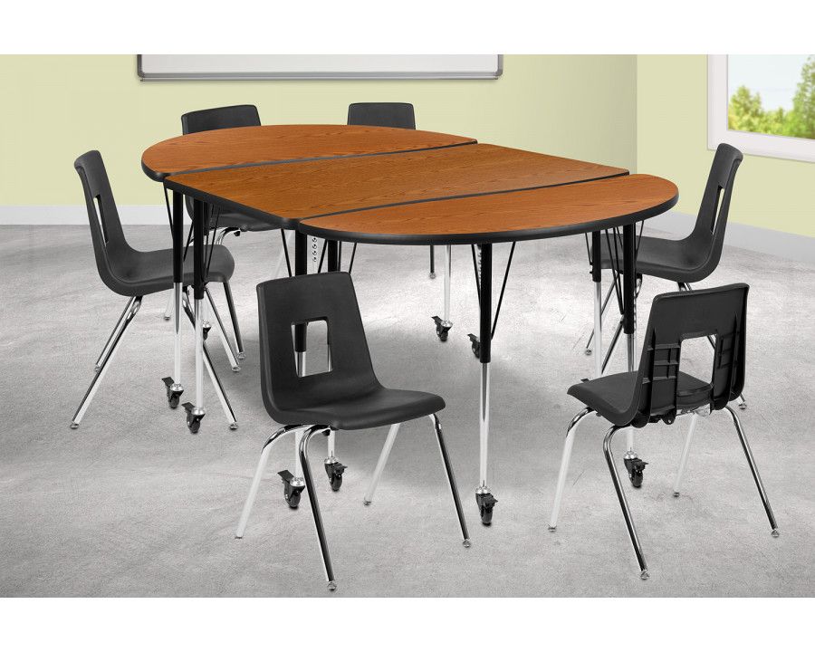 BLNK Emmy Mobile Oval Thermal Laminate Wave Flexible Activity Table Set - Oak, 76"L, with 18" Student Stack Chairs