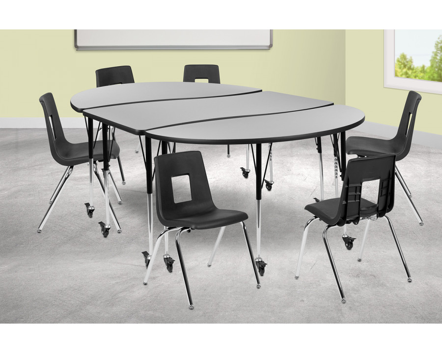 BLNK Emmy Mobile Oval Thermal Laminate Wave Flexible Activity Table Set - Gray, 86"L, with 18" Student Stack Chairs