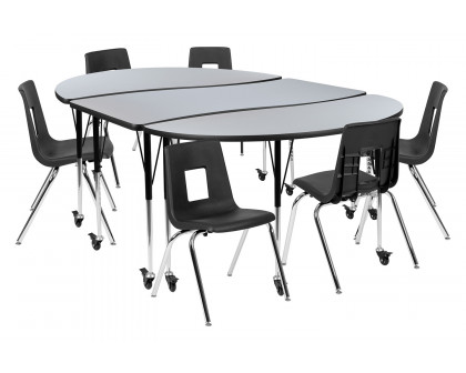 BLNK Emmy Mobile Oval Thermal Laminate Wave Flexible Activity Table Set - Gray, 86"L, with 18" Student Stack Chairs