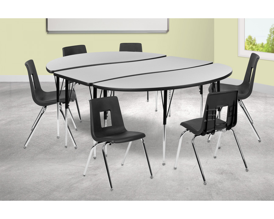 BLNK Emmy Oval Thermal Laminate Wave Flexible Activity Table Set with Chairs - Gray, 86"L, with 18" Student Stack Chairs