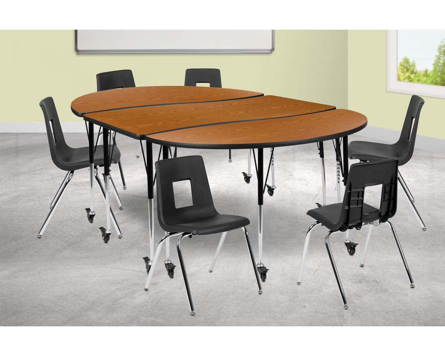 BLNK Emmy Mobile Oval Thermal Laminate Wave Flexible Activity Table Set - Oak, 86"L, with 18" Student Stack Chairs