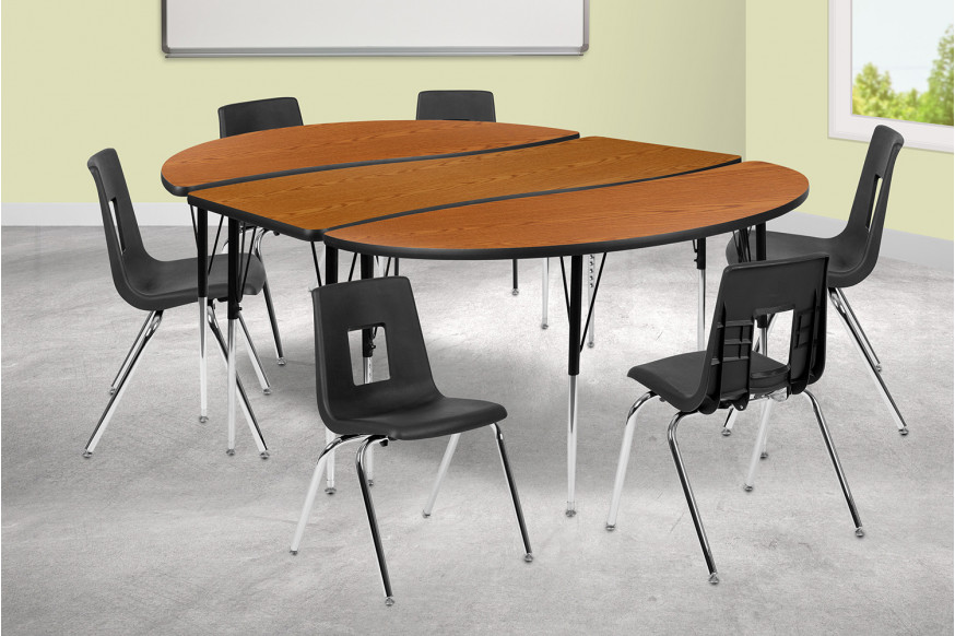 BLNK™ Emmy Oval Thermal Laminate Wave Flexible Activity Table Set with Chairs - Oak, 86"L, with 18" Student Stack Chairs