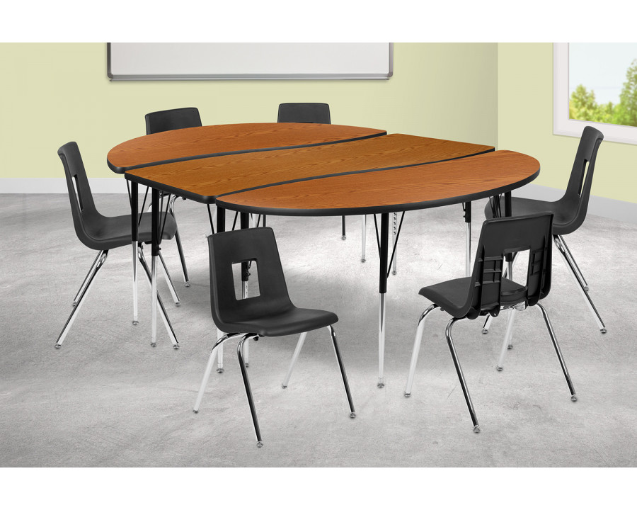 BLNK Emmy Oval Thermal Laminate Wave Flexible Activity Table Set with Chairs - Oak, 86"L, with 18" Student Stack Chairs