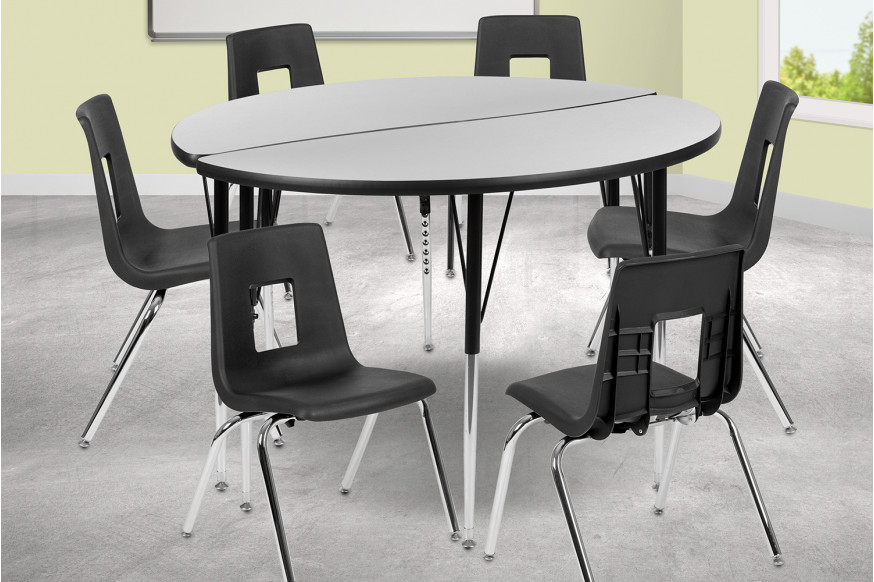 BLNK™ Emmy Circle Thermal Laminate Wave Flexible Activity Table Set - Gray, 47.5"D, with 18" Student Stack Chairs