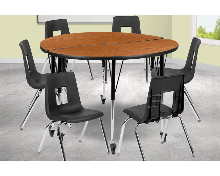 BLNK Emmy Mobile Circle Thermal Laminate Wave Flexible Activity Table Set - Oak, 47.5"D, with 18" Student Stack Chairs