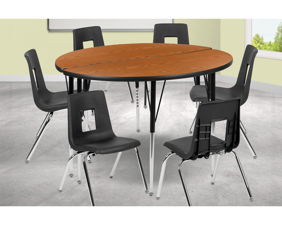 BLNK Emmy Circle Thermal Laminate Wave Flexible Activity Table Set - Oak, 47.5"D, with 18" Student Stack Chairs