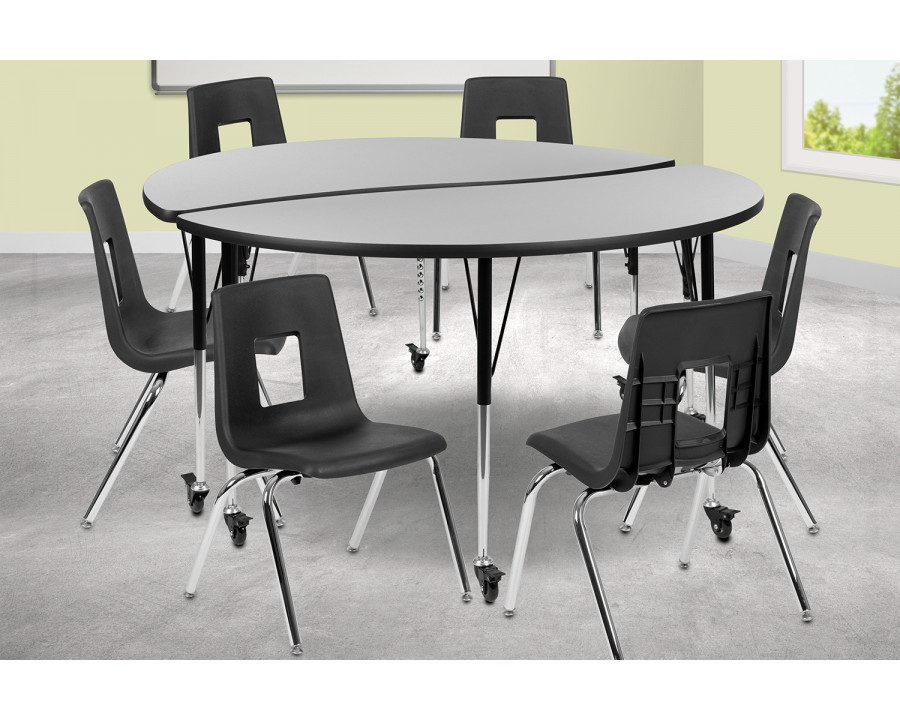 BLNK Emmy Mobile Circle Thermal Laminate Wave Flexible Activity Table Set - Gray, 60"D, with 18" Student Stack Chairs