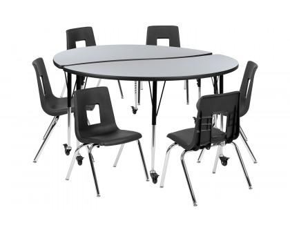 BLNK Emmy Mobile Circle Thermal Laminate Wave Flexible Activity Table Set - Gray, 60"D, with 18" Student Stack Chairs