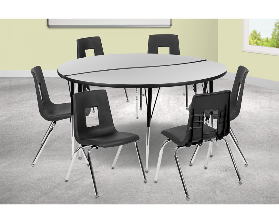 BLNK Emmy Circle Thermal Laminate Wave Flexible Activity Table Set - Gray, 60"D, with 18" Student Stack Chairs