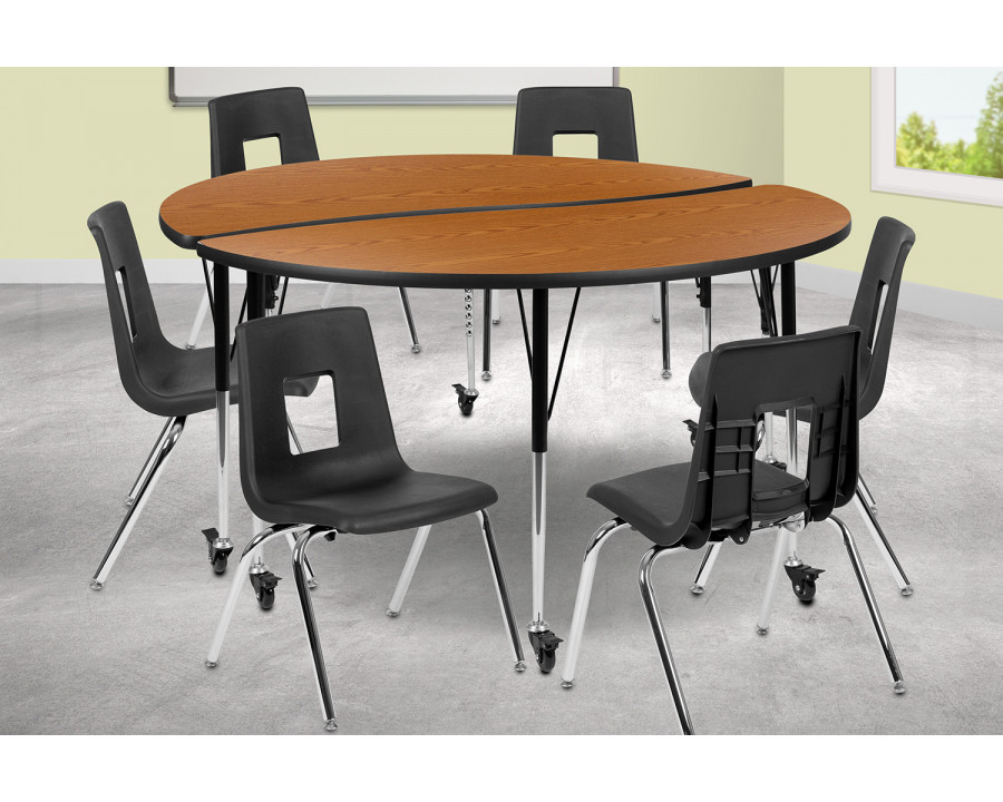 BLNK Emmy Mobile Circle Thermal Laminate Wave Flexible Activity Table Set - Oak, 60"D, with 18" Student Stack Chairs