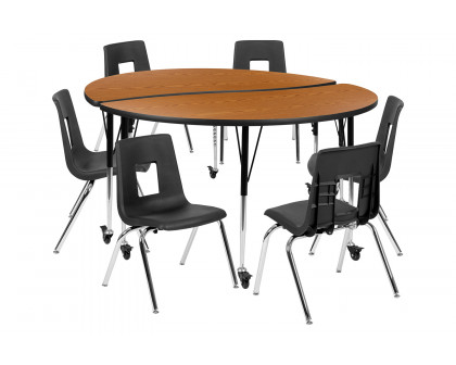 BLNK Emmy Mobile Circle Thermal Laminate Wave Flexible Activity Table Set - Oak, 60"D, with 18" Student Stack Chairs