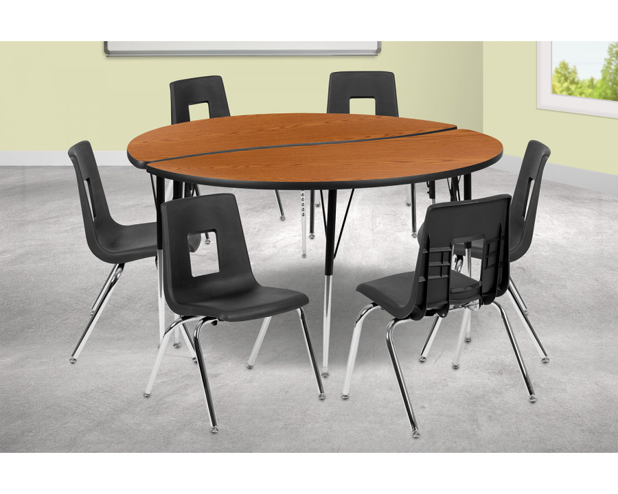 BLNK Emmy Circle Thermal Laminate Wave Flexible Activity Table Set - Oak, 60"D, with 18" Student Stack Chairs