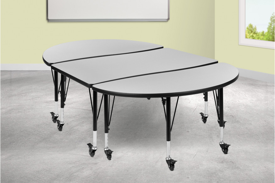 BLNK™ Emmy Mobile Oval Thermal Laminate Wave Flexible Activity Table Set 3 Piece - Gray, 76"L, with Short Height Adjustable Legs