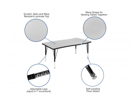 BLNK Emmy Oval Thermal Laminate Wave Flexible Activity Table Set 2 Piece - Gray, 76"L, with Short Height Adjustable Legs