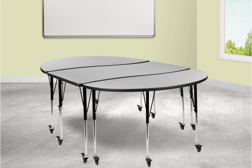 BLNK™ Emmy Mobile Oval Thermal Laminate Wave Flexible Activity Table Set 3 Piece - Gray, 86"L, with Standard Height Adjustable Legs