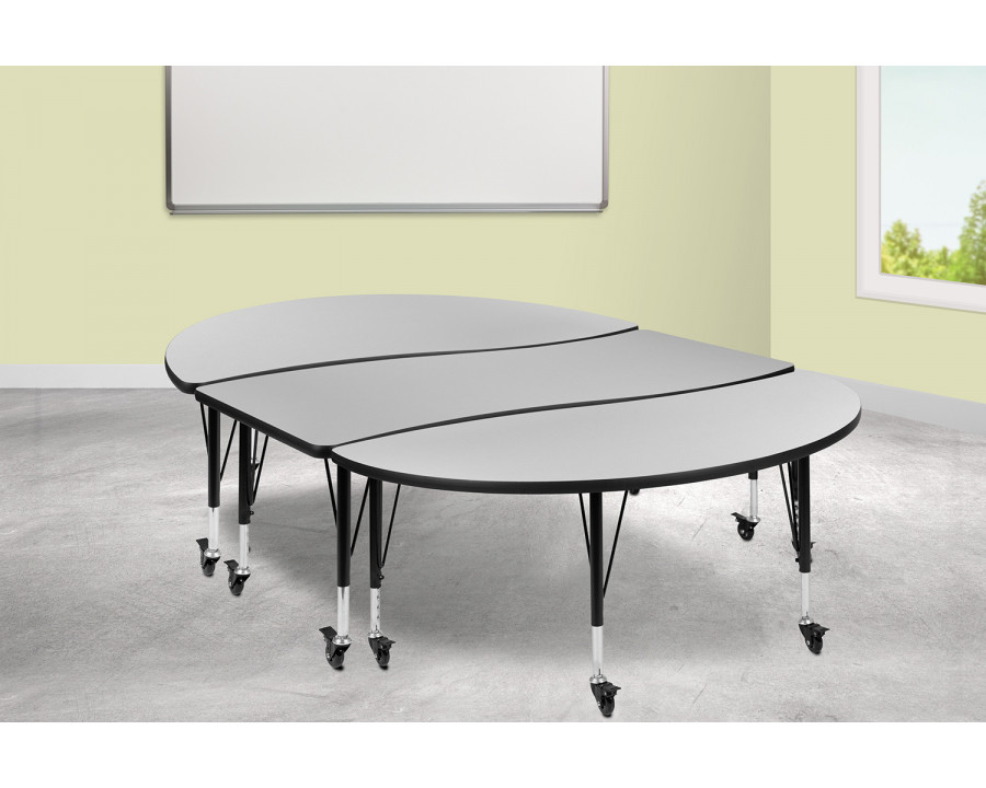 BLNK Emmy Mobile Oval Thermal Laminate Wave Flexible Activity Table Set 3 Piece - Gray, 86"L, with Short Height Adjustable Legs