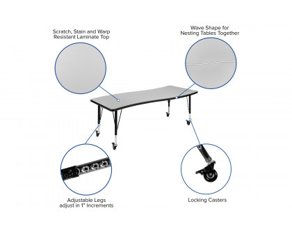 BLNK Emmy Mobile Oval Thermal Laminate Wave Flexible Activity Table Set 3 Piece - Gray, 86"L, with Short Height Adjustable Legs