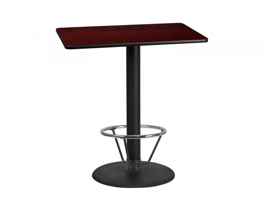 BLNK Rectangular Bar Height Table with 24'' Round Base - Mahogany, 30"W x 42"L, with Foot Ring