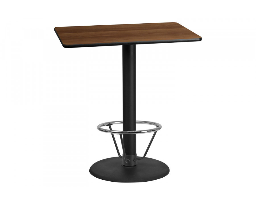 BLNK Rectangular Bar Height Table with 24'' Round Base - Walnut, 30"W x 42"L, with Foot Ring