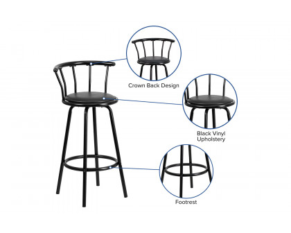 BLNK - Charla Black Metal Crown Back Bar Stool with Black Vinyl Swivel Seat