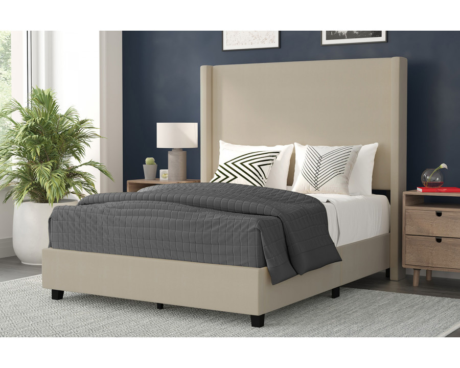 BLNK Quinn Upholstered Platform Bed with Channel Stitched Wingback Headboard - Beige, Full Size