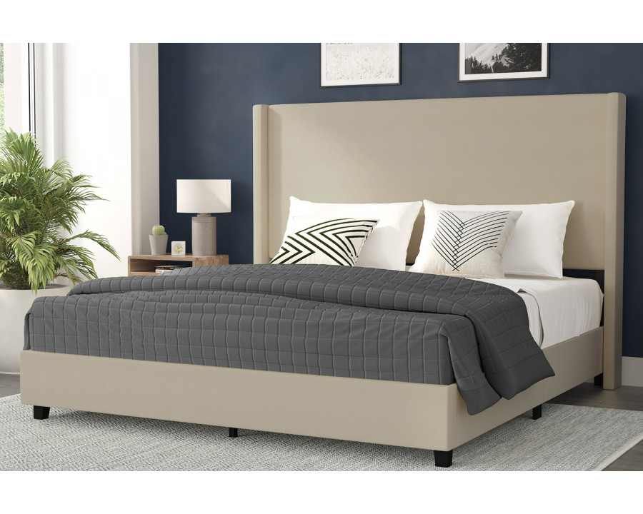 BLNK Quinn Upholstered Platform Bed with Channel Stitched Wingback Headboard - Beige, King Size