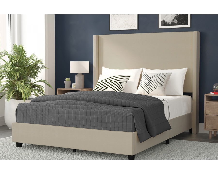 BLNK Quinn Upholstered Platform Bed with Channel Stitched Wingback Headboard - Beige, Queen Size