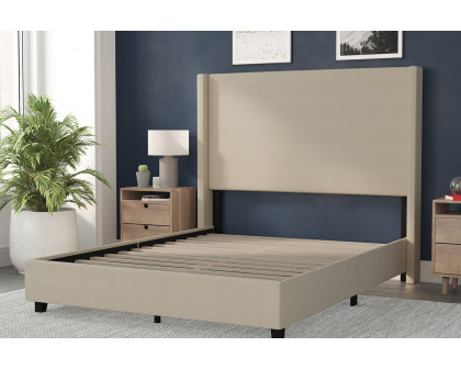 BLNK Quinn Upholstered Platform Bed with Channel Stitched Wingback Headboard - Beige, Queen Size