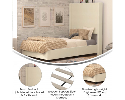 BLNK Quinn Upholstered Platform Bed with Channel Stitched Wingback Headboard - Beige, Twin Size