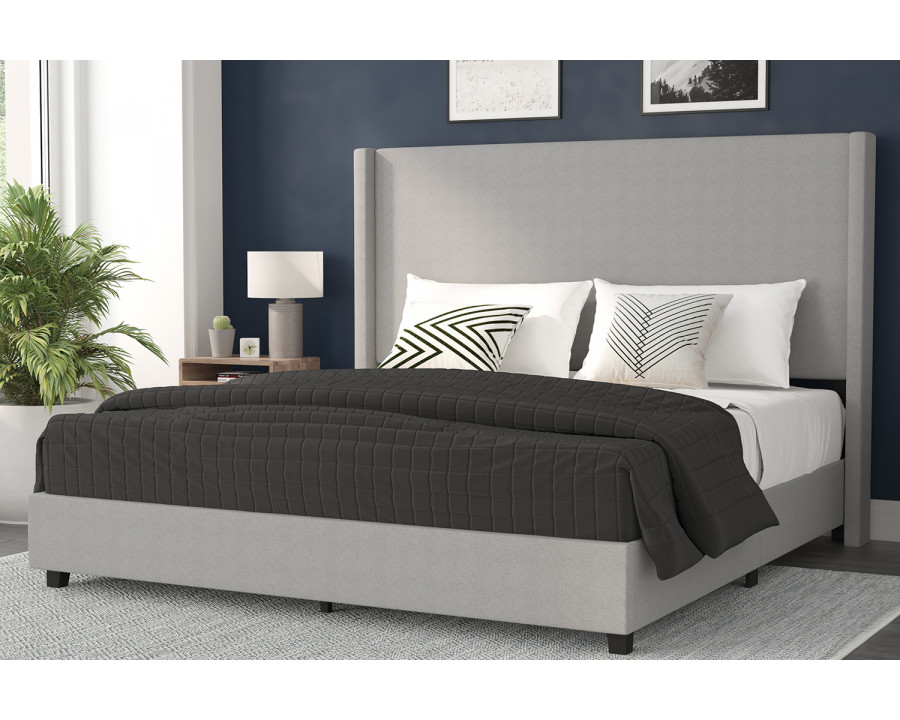 BLNK Quinn Upholstered Platform Bed with Channel Stitched Wingback Headboard - Gray, King Size