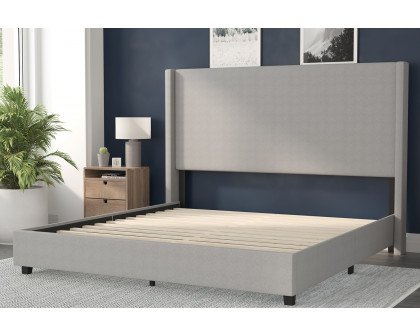 BLNK Quinn Upholstered Platform Bed with Channel Stitched Wingback Headboard - Gray, King Size