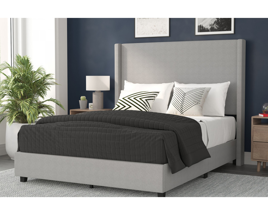 BLNK Quinn Upholstered Platform Bed with Channel Stitched Wingback Headboard - Gray, Queen Size