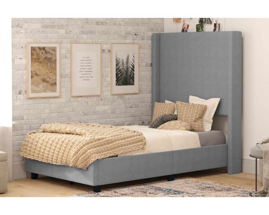 BLNK Quinn Upholstered Platform Bed with Channel Stitched Wingback Headboard - Gray, Twin Size