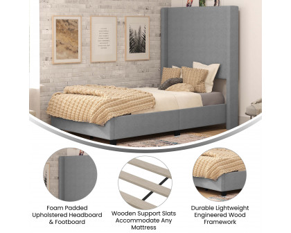 BLNK Quinn Upholstered Platform Bed with Channel Stitched Wingback Headboard - Gray, Twin Size