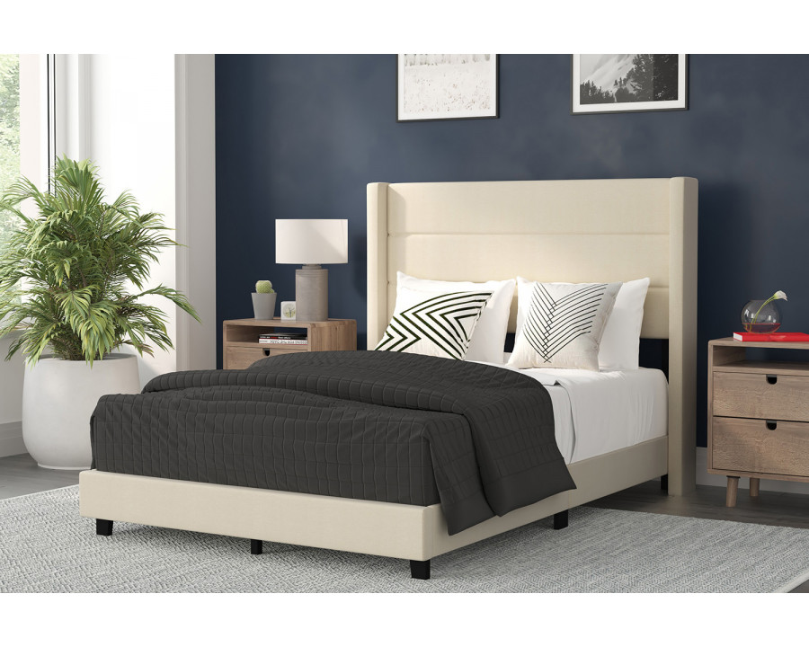 BLNK Hollis Upholstered Platform Bed with Wingback Headboard - Beige, Full Size