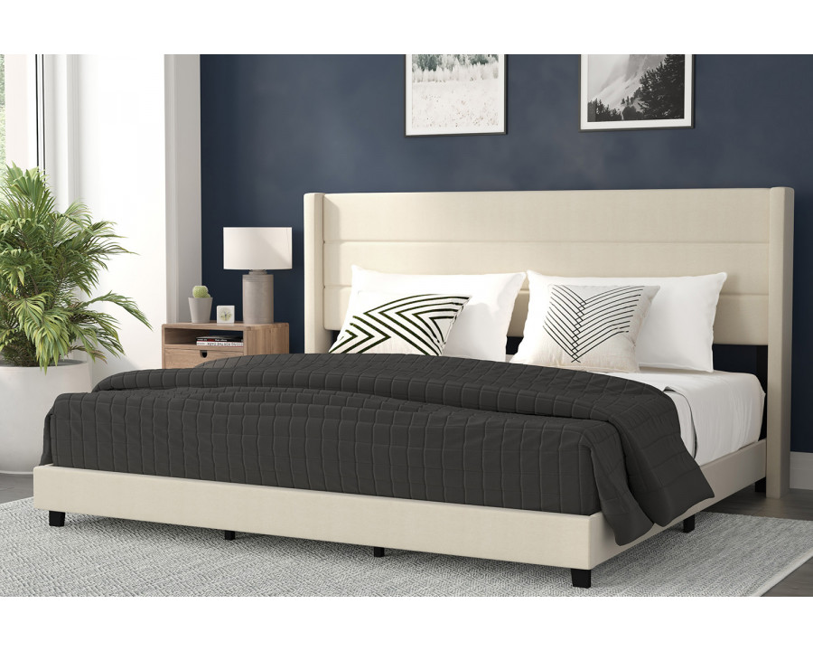 BLNK Hollis Upholstered Platform Bed with Wingback Headboard - Beige, King Size