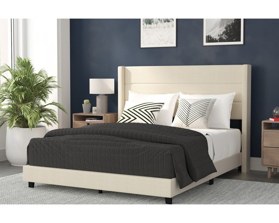 BLNK Hollis Upholstered Platform Bed with Wingback Headboard - Beige, Queen Size