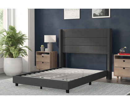 BLNK Hollis Upholstered Platform Bed with Wingback Headboard - Charcoal, Full Size