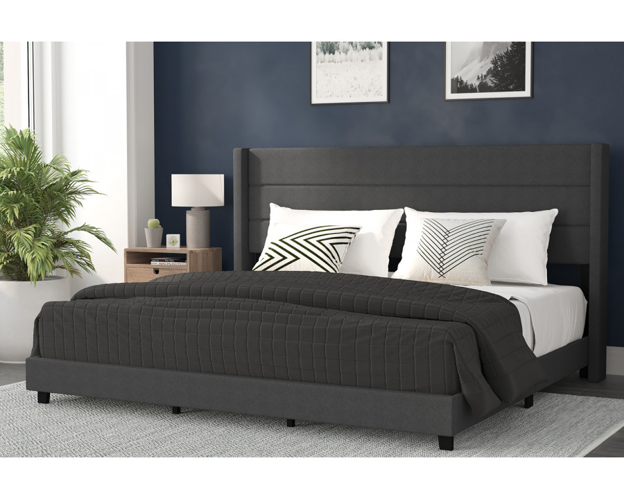 BLNK Hollis Upholstered Platform Bed with Wingback Headboard - Charcoal, King Size