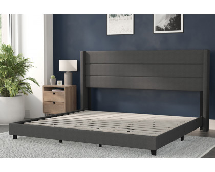 BLNK Hollis Upholstered Platform Bed with Wingback Headboard - Charcoal, King Size