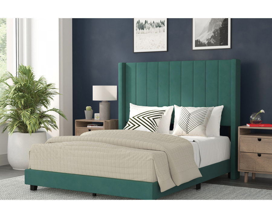 BLNK Bianca Upholstered Platform Bed with Vertical Stitched Wingback Headboard - Emerald, Full Size