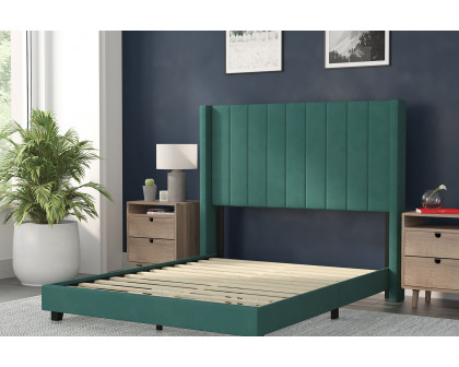 BLNK Bianca Upholstered Platform Bed with Vertical Stitched Wingback Headboard - Emerald, Full Size