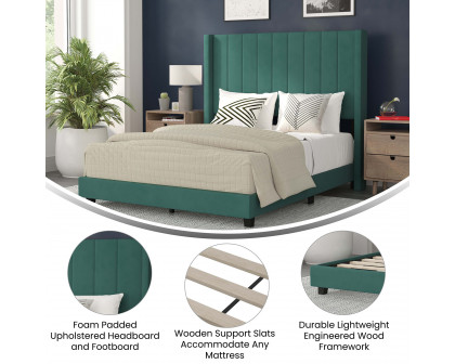 BLNK Bianca Upholstered Platform Bed with Vertical Stitched Wingback Headboard - Emerald, Full Size