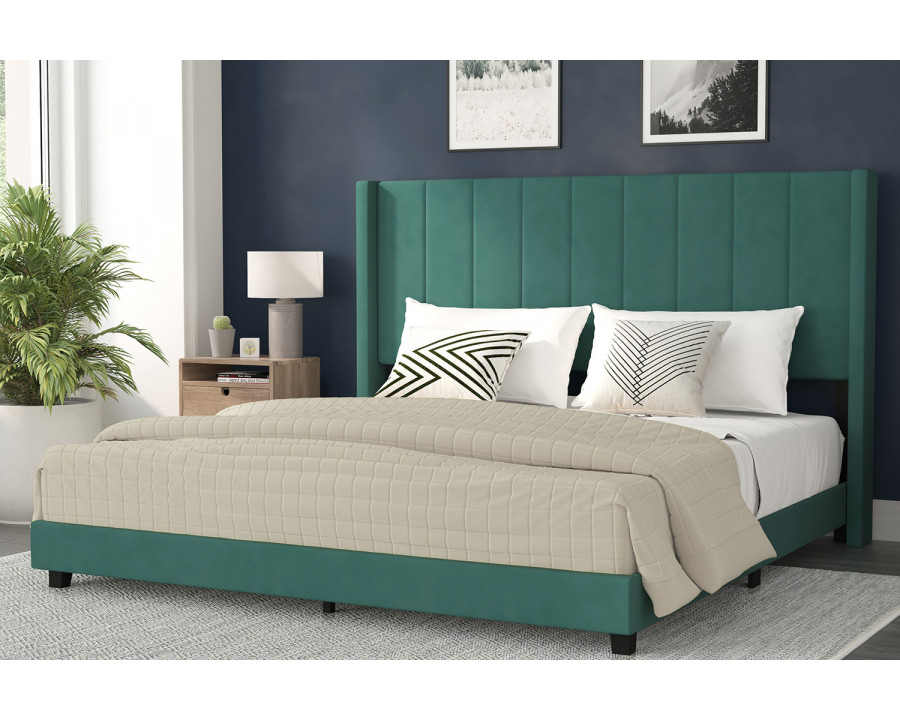 BLNK Bianca Upholstered Platform Bed with Vertical Stitched Wingback Headboard - Emerald, King Size