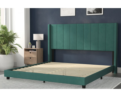 BLNK Bianca Upholstered Platform Bed with Vertical Stitched Wingback Headboard - Emerald, King Size