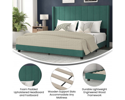 BLNK Bianca Upholstered Platform Bed with Vertical Stitched Wingback Headboard - Emerald, King Size